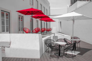 Red sunshades at the hotel